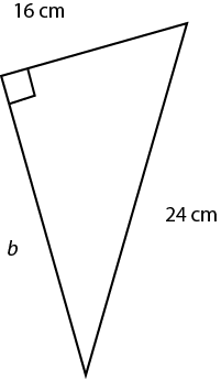 A right triangle with dimensions: 16 centimeters, 24 centimeters and "b".