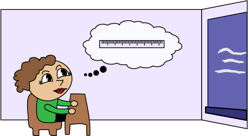 A student sitting at her desk, she is facing a board. In a thought bubble, we see a ruler.