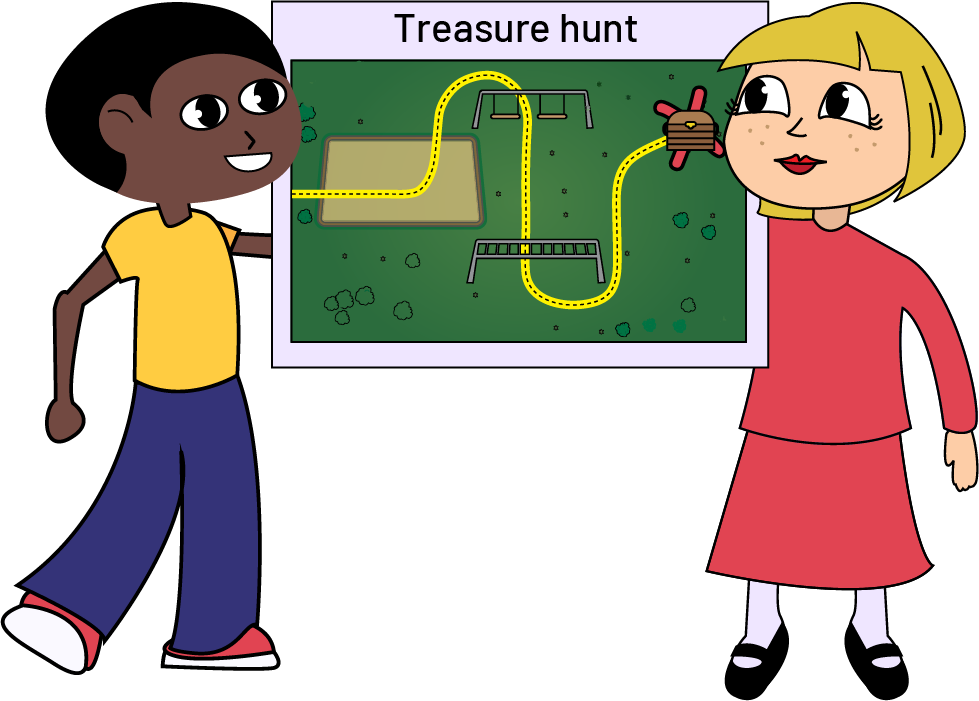 Two children hold a treasure hunt map. The card shows a path inside a park.